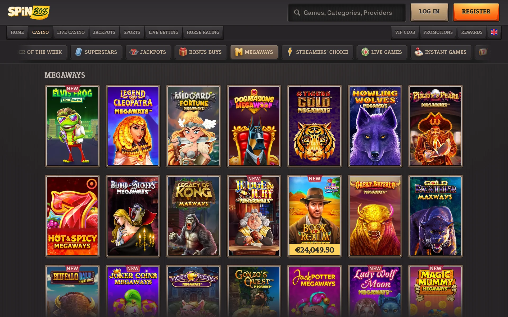 SpinBoss Casino Megaways shelf with three rows of Megaways slot tiles