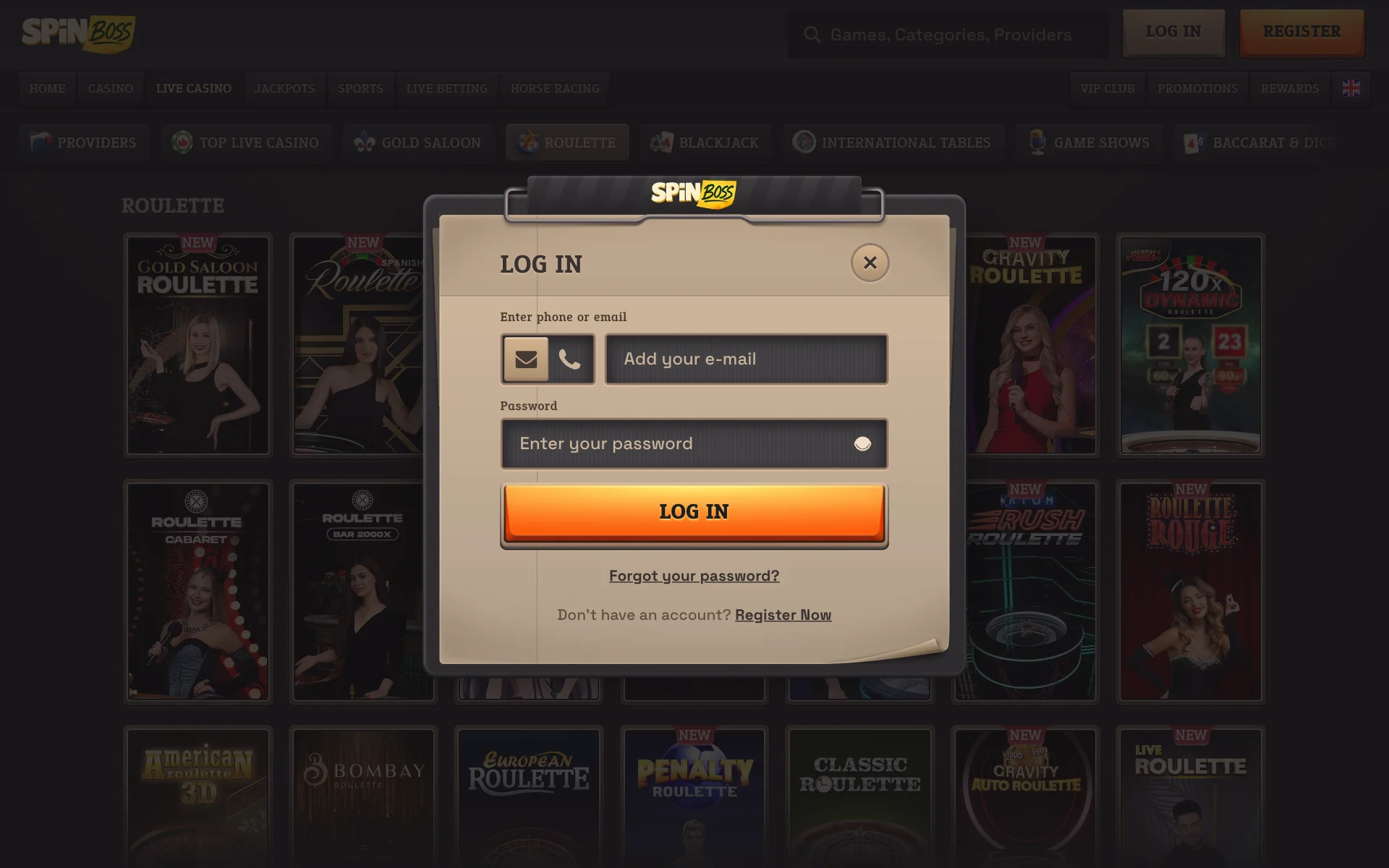 SpinBoss log-in window over the live roulette tables